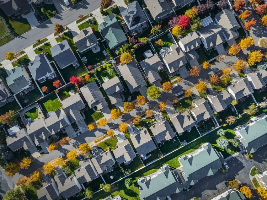 Pacific northwest neighborhood homes aerial view